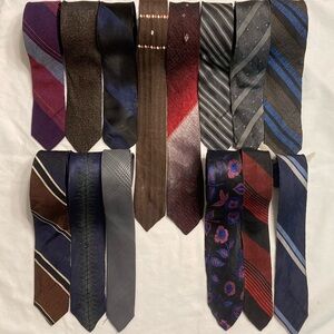 True Vintage 1950s-70s Mens Pencil Thin Tie Lot of 14 Red Blue Brown Grey Floral
